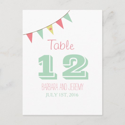 Shabby Chic Bunting Table Number Roze en Mint Briefkaart (Voorkant)