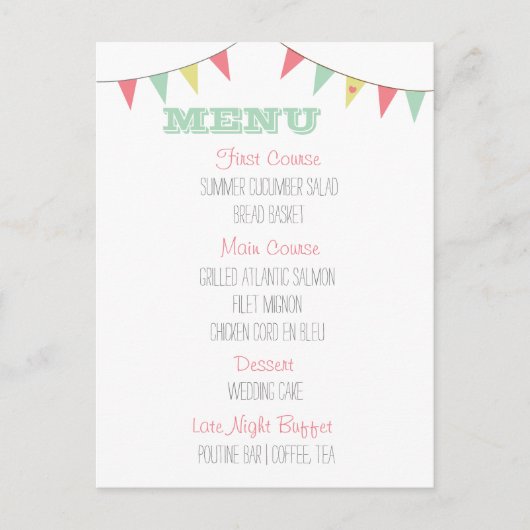 Shabby Chic Bunting Wedding Menu Roze en Mint (Voorkant)