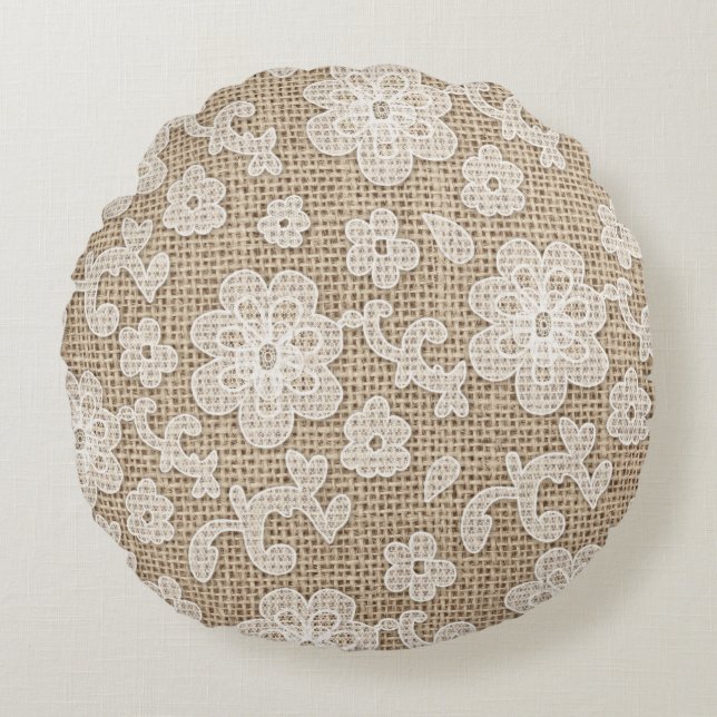 Shabby Chic burlap and lace round kussen (Voorkant)