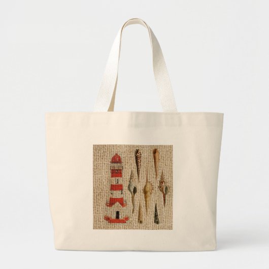 Shabby Chic Burlap Coast Seashell Vuurtoren Grote Tote Bag (Voorkant)