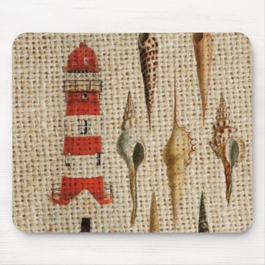 Shabby Chic Burlap Coast Seashell Vuurtoren Muismat (Voorkant)