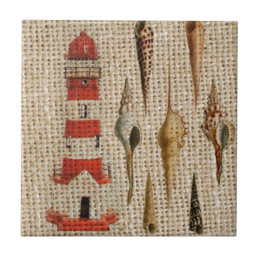 Shabby Chic Burlap Coast Seashell Vuurtoren Tegeltje (Voorkant)