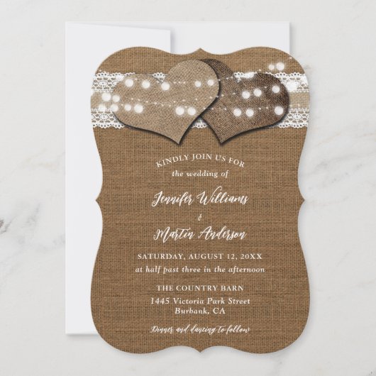 Shabby Chic Burlap en Lace Wedding Invitations Kaart (Voorkant)