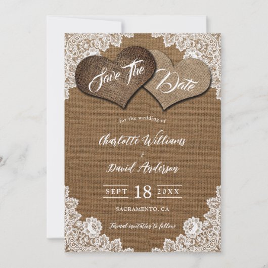 Shabby Chic Burlap Floral Lace Country Wedding Save The Date (Voorkant)