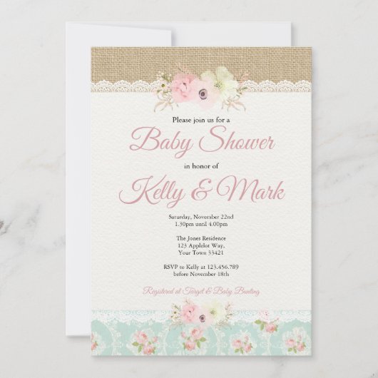 Shabby Chic Burlap & Lace Girl Baby shower Kaart (Voorkant)
