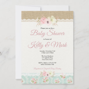 Shabby Chic Burlap & Lace Girl Baby shower Kaart