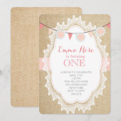 Shabby Chic Burlap Roze Verjaardag Uitnodigingen (Voorkant / Achterkant)