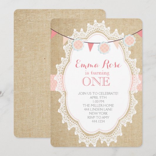 Shabby Chic Burlap Roze Verjaardag Uitnodigingen (Voorkant / Achterkant)