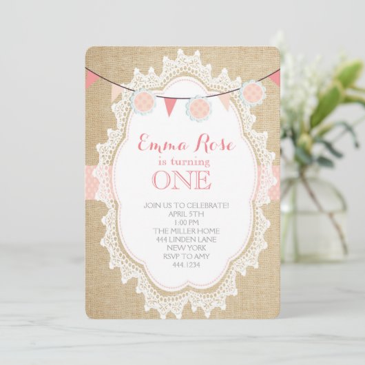 Shabby Chic Burlap Roze Verjaardag Uitnodigingen (Staand voorkant)