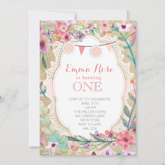 Shabby Chic Burlap Roze Verjaardag Uitnodigingen (Voorkant)