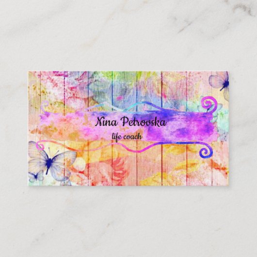 Shabby Chic Butterflies en Rozen op Rustisch hout Visitekaartje (Voorkant)