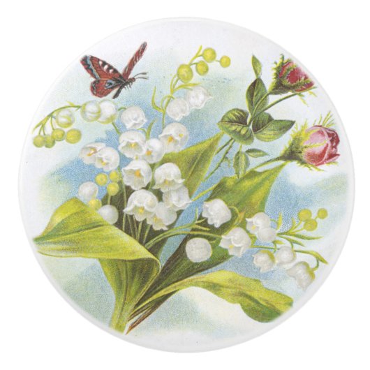 Shabby Chic Butterfly, Roses & Lily of the Valley Keramische Knop (Voorkant)