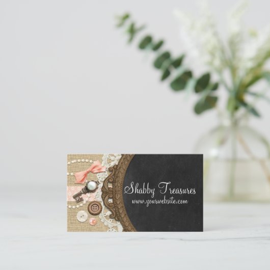 Shabby Chic Chalkboard, Rustic Burlap & Coral Bow Visitekaartje (Staand voorkant)