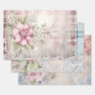  Shabby Chic Christmas Floral Tartan Mix Inpakpapier Vel