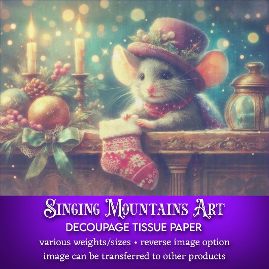 Shabby Chic Christmas Mouse en Stocking Decoupage Tissuepapier