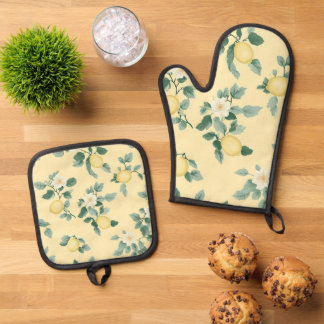 Shabby Chic Citroen Bloemenserie Ontwerp #2 Ovenwant & Pannenlap Set