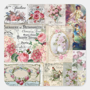 Shabby chic collage,country victorian,decoupage, b vierkante sticker