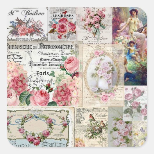 Shabby chic collage,country victorian,decoupage, b vierkante sticker (Voorkant)