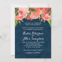 Shabby Chic Coral and Navy Blue Wedding Invitation Kaart