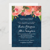 Shabby Chic Coral and Navy Blue Wedding Invitation Kaart (Voorkant / Achterkant)