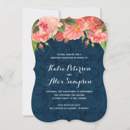 Shabby Chic Coral and Navy Reception only Invite Kaart