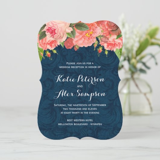 Shabby Chic Coral and Navy Reception only Invite Kaart (Staand voorkant)