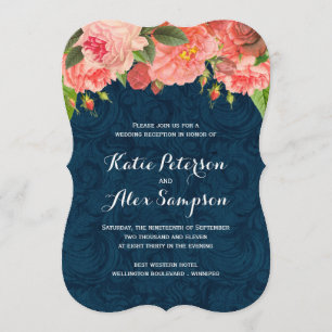 Shabby Chic Coral and Navy Reception only Invite Kaart