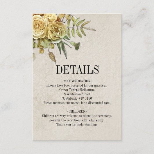 Shabby Chic Cream en Gouden Rozen Trouwdetails Informatiekaartje (Voorkant)