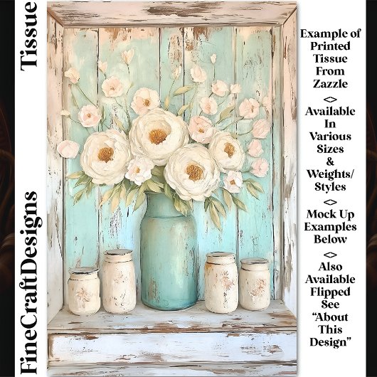 Shabby Chic Cream Pioenen, Aqua Jug DV5L Decoupage Tissuepapier