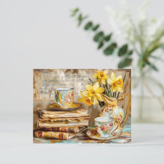 Shabby chic Daffodils on a Stacked antique Books Briefkaart (Staand voorkant)