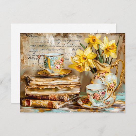 Shabby chic Daffodils on a Stacked antique Books Briefkaart (Voorkant / Achterkant)