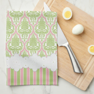 Shabby Chic Damask Green & Roze Tea Theedoek