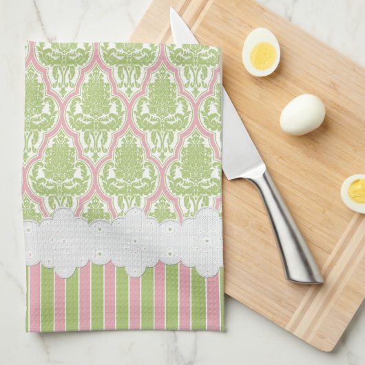 Shabby Chic Damask Green & Roze Tea Theedoek (Quarter Fold)