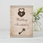 Shabby Chic Damask Harten Lock en Key Wedding Kaart (Staand voorkant)