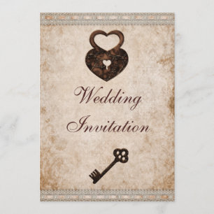 Shabby Chic Damask Harten Lock en Key Wedding Kaart