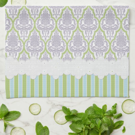 Shabby Chic Damask Lila & Green Tea Theedoek (Gevouwen)