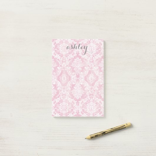 Shabby Chic Damask Pattern Pastel Pink Grey Name Post-it® Notes (Op bureau)