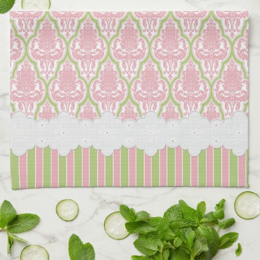 Shabby Chic Damask Pink & Green Tea Theedoek (Gevouwen)
