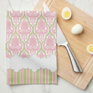 Shabby Chic Damask Pink & Green Tea Theedoek