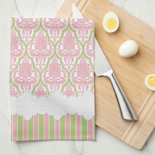 Shabby Chic Damask Pink & Green Tea Theedoek (Quarter Fold)