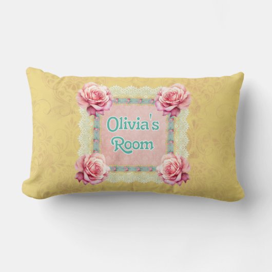 Shabby Chic Damask Roos Lace gepersonaliseerd Kussen (Voorkant)
