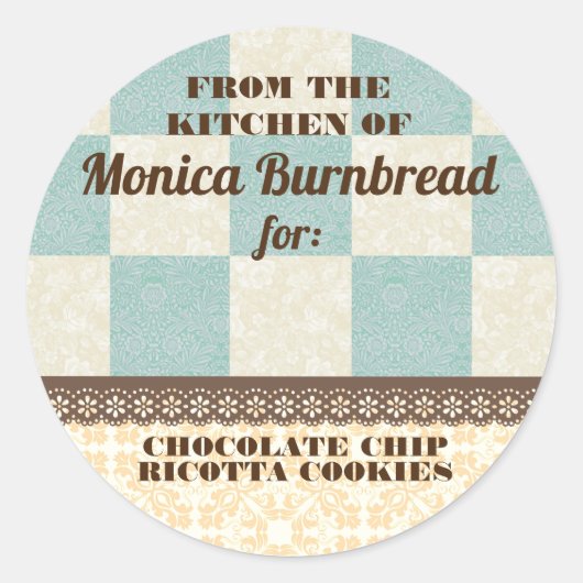 Shabby chic dambord uit de keuken van voedsel ronde sticker (Voorkant)