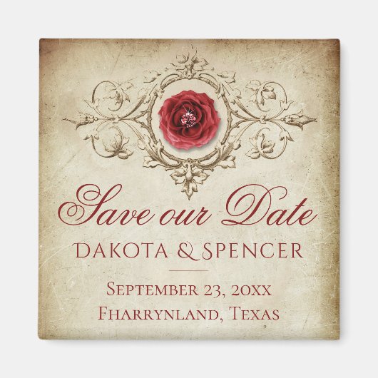 Shabby Chic | Deep Red Grunge Roos Save the Date Magneet (Voorkant)