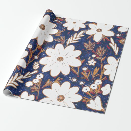 Shabby Chic Diep Blauw Wit Retro Daisy Patroon Cadeaupapier (Uitgerold)