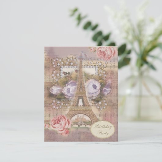 Shabby Chic Eiffel Tower Floral Birthday Party Kaart (Staand voorkant)