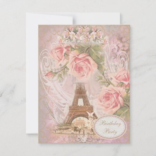 Shabby Chic Eiffel Tower Floral Birthday Party Kaart (Voorkant)