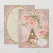 Shabby Chic Eiffel Tower Floral Birthday Party Kaart (Voorkant / Achterkant)