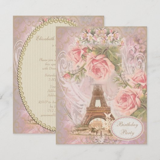 Shabby Chic Eiffel Tower Floral Birthday Party Kaart (Voorkant / Achterkant)