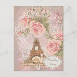 Shabby Chic Eiffel Tower Floral Birthday Party Kaart