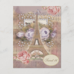 Shabby Chic Eiffel Tower Floral Sweet 16 Kaart